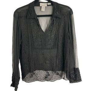 Worthington Sheer Silk Blouse Floral Embroidery and Beaded Women's Size 12P Y2K